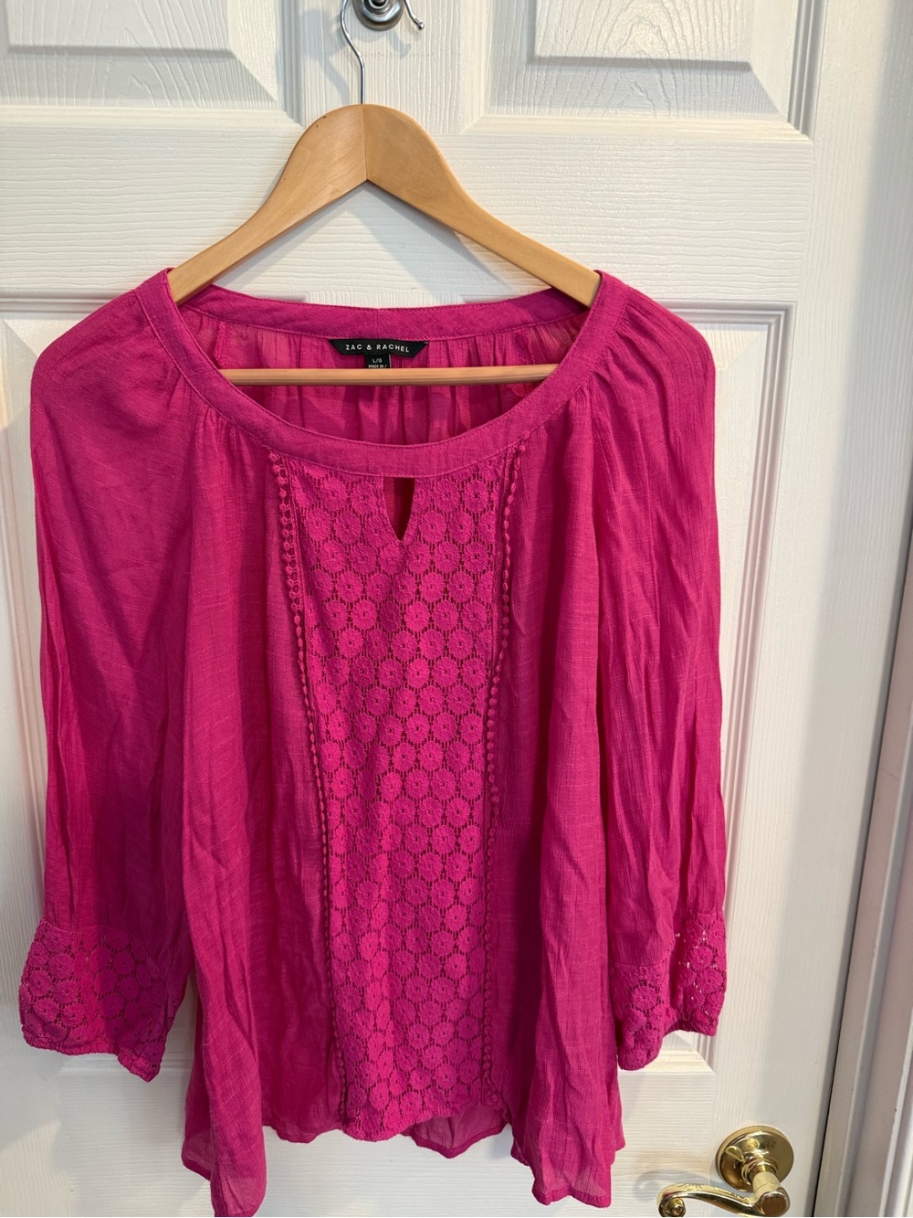 Zac & Rachel Women's Bright Fuchsia Crochet-Panel Peasant Top